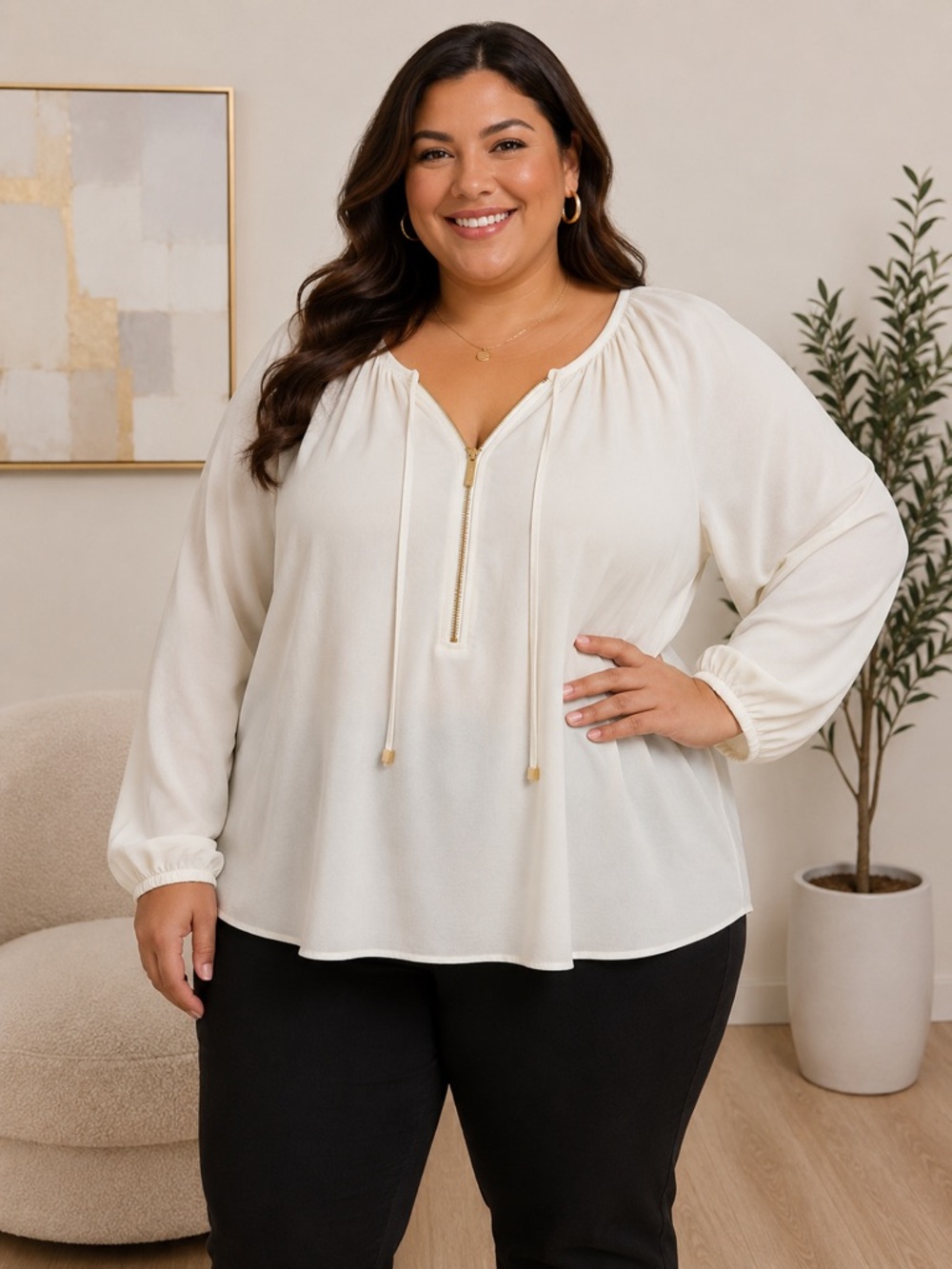 Michael Kors Ivory Zip-Front Peasant Blouse with Gold Accents Size 2X